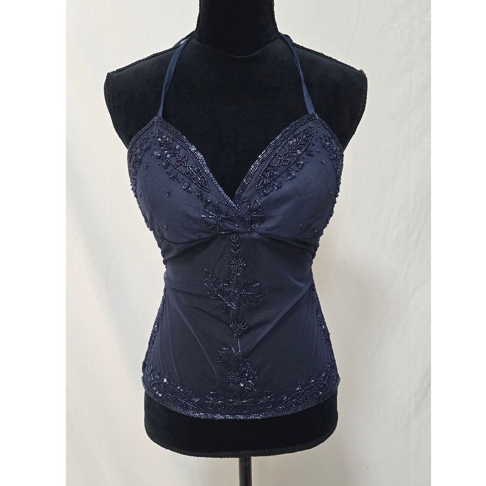 Y2K Fashion Nova women M blue beaded mesh tie back halter top coquette romantic
